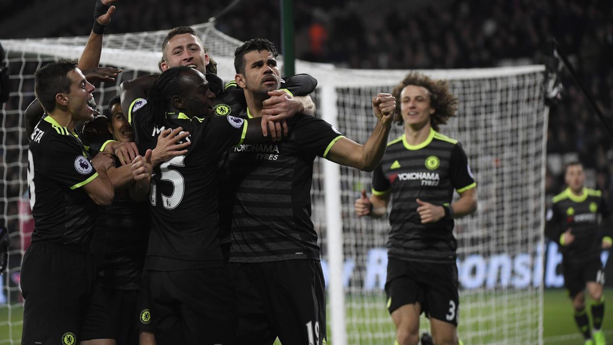 Chelsea's Diego Costa celebrates scoring their second goal with teammates