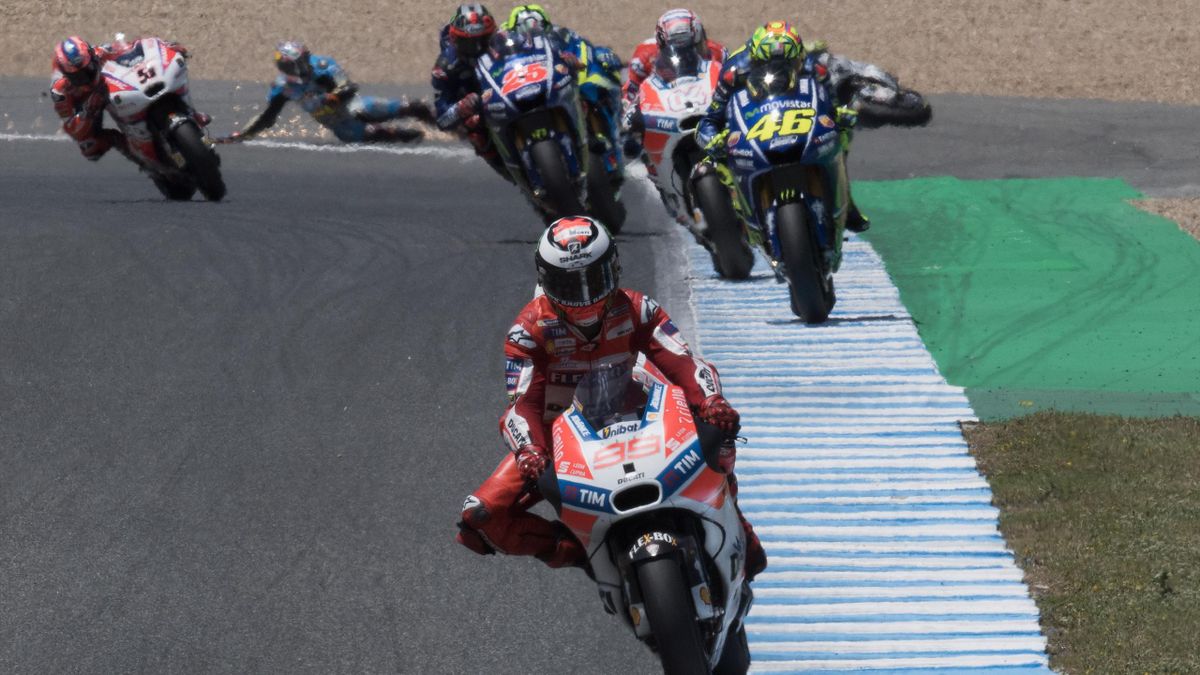 Jorge Lorenzo of Spain and Ducati Team leads the fields and Jack Miller of Australia and Team EG 0,0 Marc VDS crashed out during the MotoGP race during the MotoGp of Spain - Race at Circuito de Jerez on May 7, 2017 in Jerez de la Frontera, Spain.