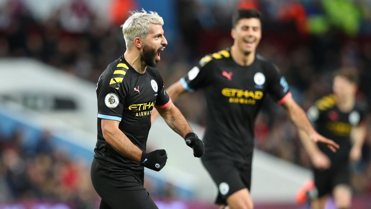 Sergio Aguero of Manchester City celebrates after scoring their third goal during the Premier League match against Aston Villa at Villa Park on January 12, 2020.