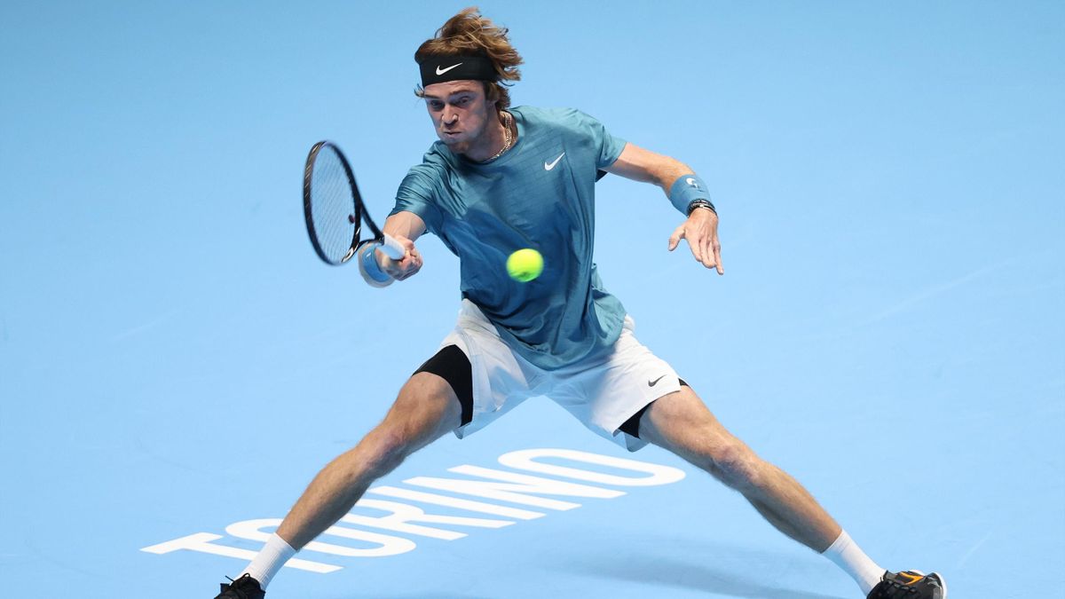 Andrey Rublev of Russia plays a forehand during the Round Robin Green Group singles match against Stefanos Tsitsipas of Greece on Day Two of the Nitto ATP World Tour Finals