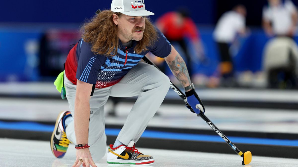 Matt Hamilton of Team United States looks on against Team Sweden during the Men's Round Robin Session on Day 6 of the Beijing 2022 Winter Olympic Games