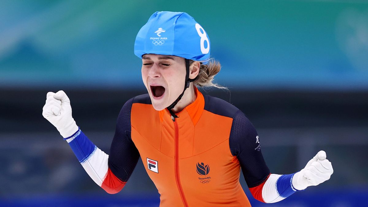 Irene Schouten of Team Netherlands celebrates winning the Gold medal during the Women's Mass Start Final on day fifteen of the Beijing 2022 Winter Olympic Games