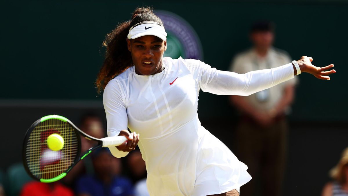 LONDON, ENGLAND - JULY 06: Serena Williams of the United States returns a shot against Kristina Mladenovic of France during their Ladies' Singles third round match on day five of the Wimbledon Lawn Tennis Championships at All England Lawn Tennis and Croqu