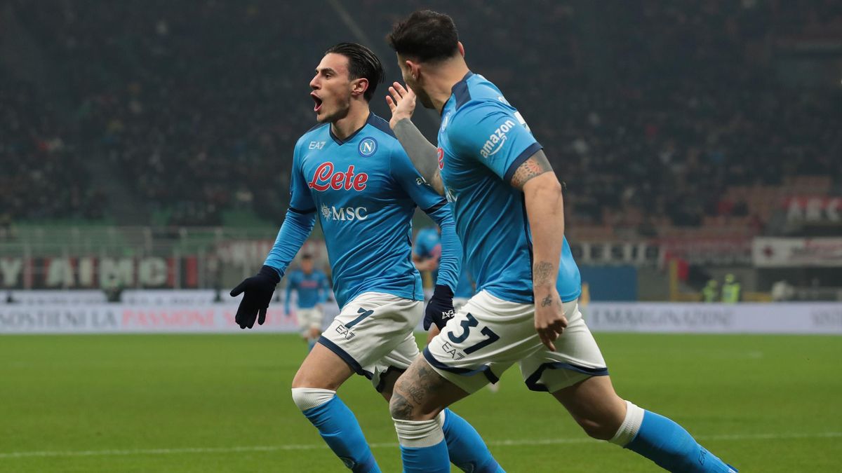 Eljif Elmas of SSC Napoli celebrates after scoring the opening goal during the Serie A match between AC Milan and SSC Napoli at Stadio Giuseppe Meazza on December 19, 2021 in Milan, Italy. (Photo by Emilio Andreoli/Getty Images)