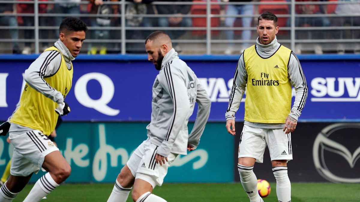 Real Madrid's Sergio Ramos, Karim Benzema and Raphael Varane during the warm up before the match