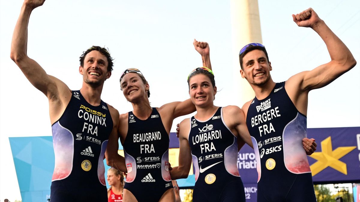 Dorian Coninx, Cassandre Beaugrand, Emma Lombardi et Léo Bergère champions d'Europe en relais mixte, à Munich