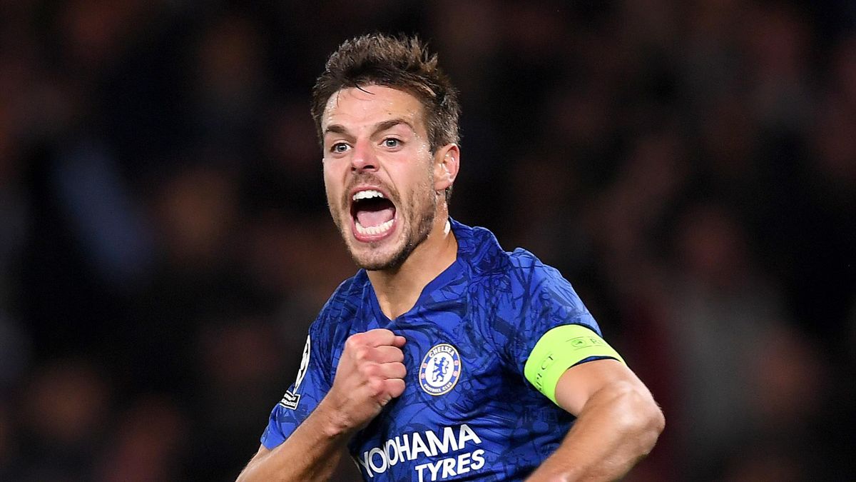 esar Azpilicueta of Chelsea celebrates after scoring his team's second goal during the UEFA Champions League group H match between Chelsea FC and AFC Ajax at Stamford Bridge on November 05, 2019 in London, United Kingdom.