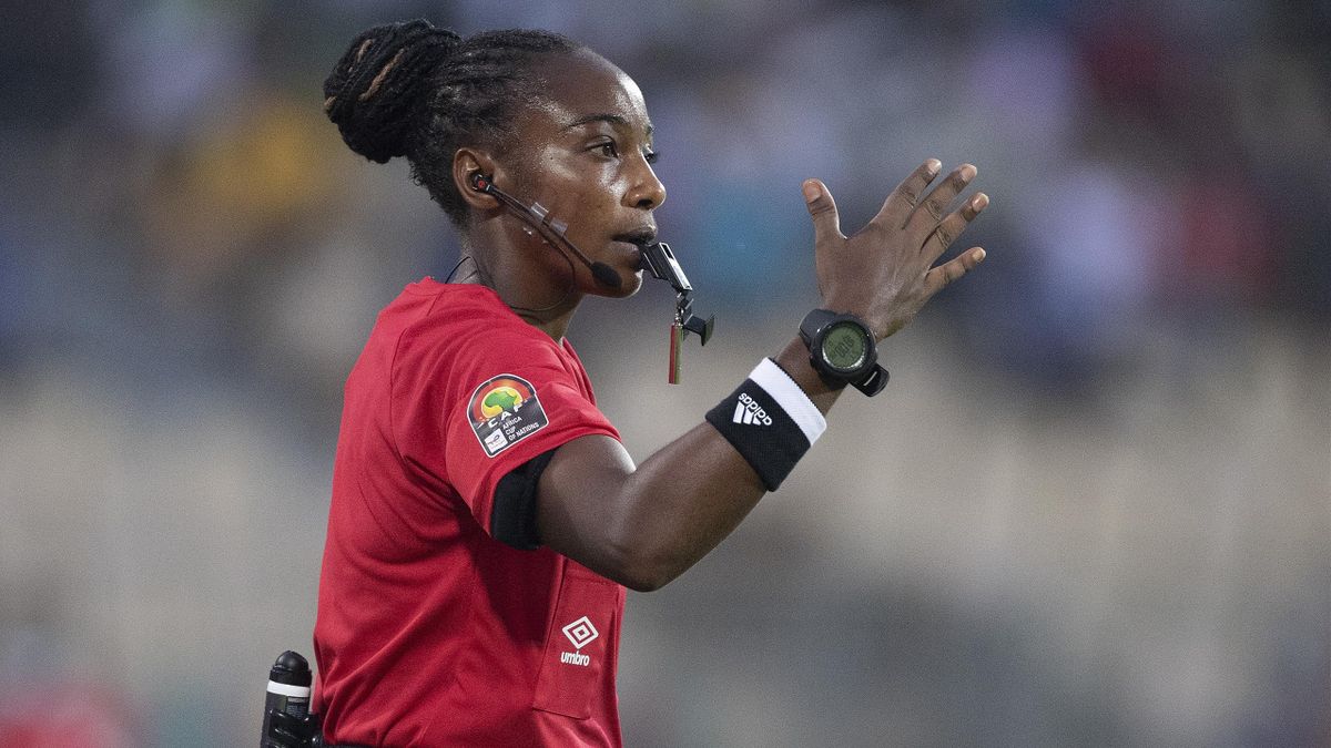 Salima Mukansanga of Rwanda in action as she becomes the first woman to referee a match at the finals of the Africa Cup of Nations during the Group B Africa Cup of Nations (CAN) 2021 match between Zimbabwe and Guinea.