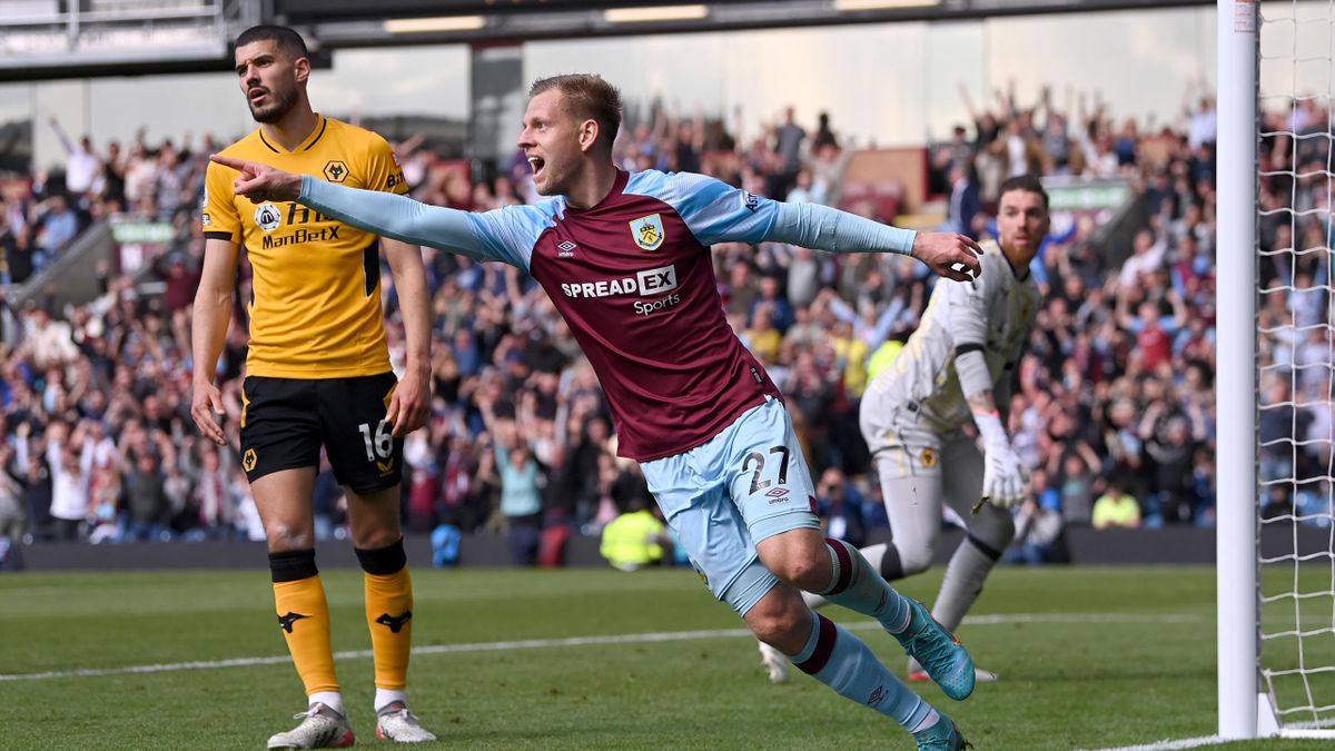 Matej Vydra of Burnley celebrates after scoring their team's first goal during the Premier League match between Burnley and Wolverhampton Wanderers at Turf Moor.