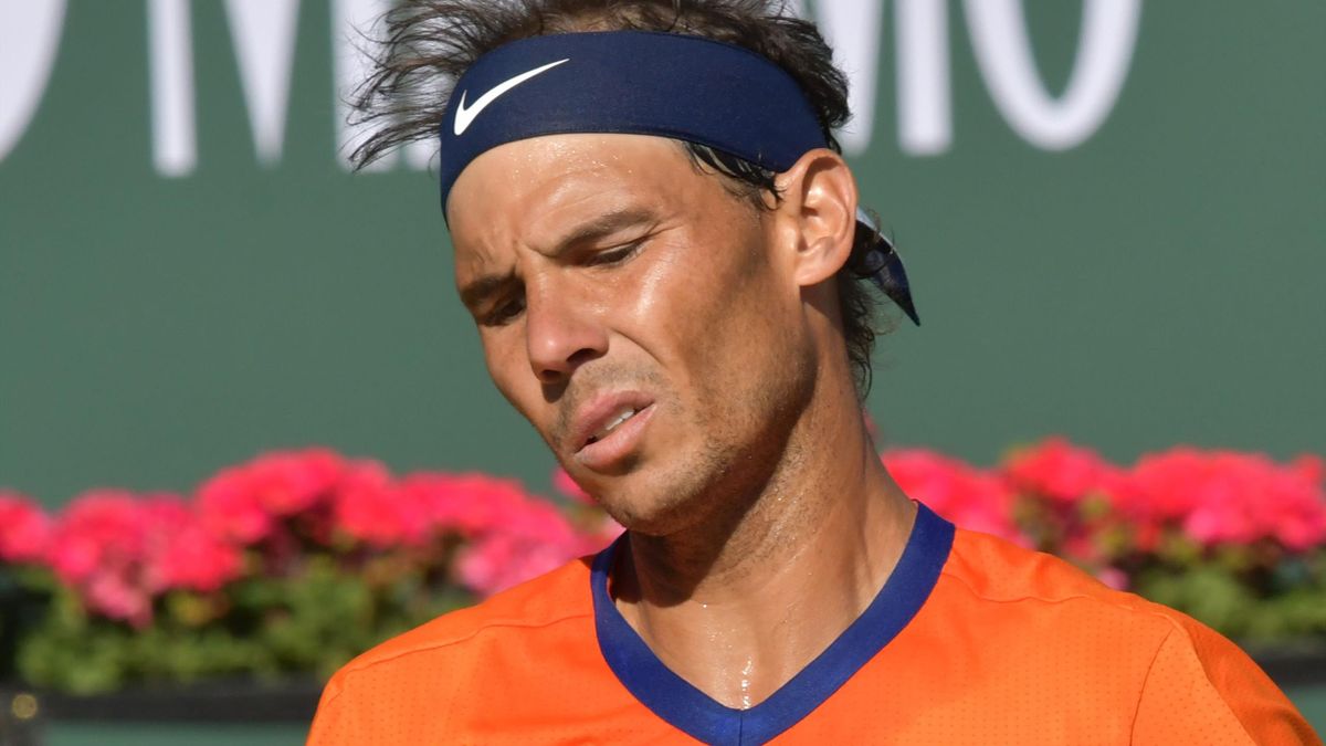 INDIAN WELLS, CA - MARCH 20: Rafael Nadal reacts after loosing a point during his final match at the BNP Paribas Open on March 20, 2022, at the Indian Wells Tennis Garden in Indian Wells, CA. (Photo by Cynthia Lum/Icon Sportswire via Getty Images)