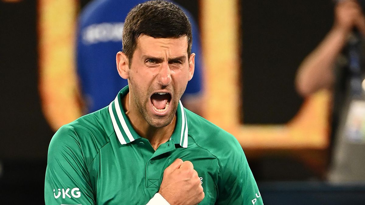 Novak Djokovic of Serbia celebrates winning match point in his Men's Singles third round match against Taylor Fritz of the United Statesduring day five of the 2021 Australian Open at Melbourne Park
