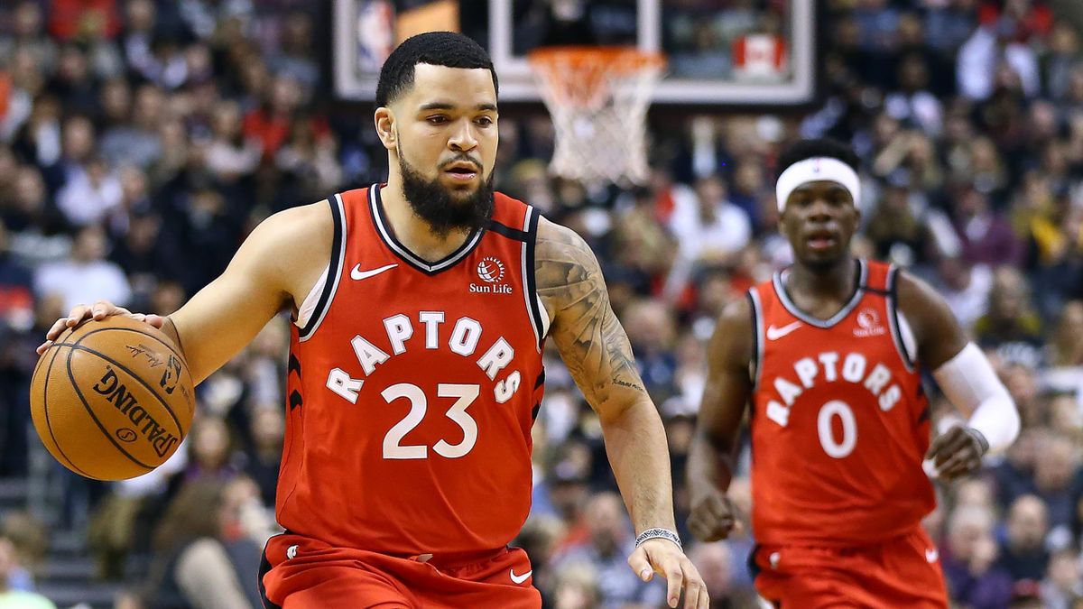 Fred VanVleet #23 of the Toronto Raptors dribbles the ball during the first half of an NBA game against the Brooklyn Nets at Scotiabank Arena on February 08, 2020 in Toronto