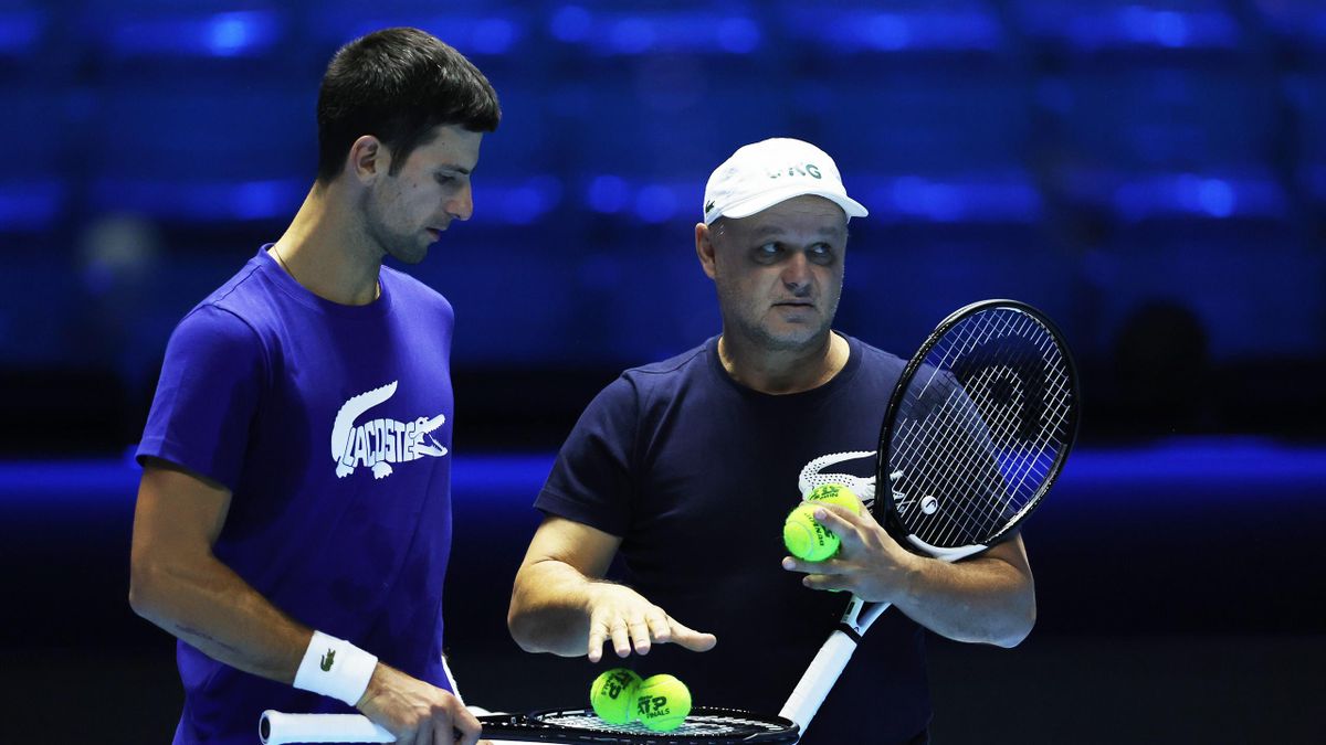 Novak Djokovic of Serbia with his coach Marian Vajda during a practice session ahead of the Nitto ATP Tour Finals at Pala Alpitour on November 13, 2021 in Turin