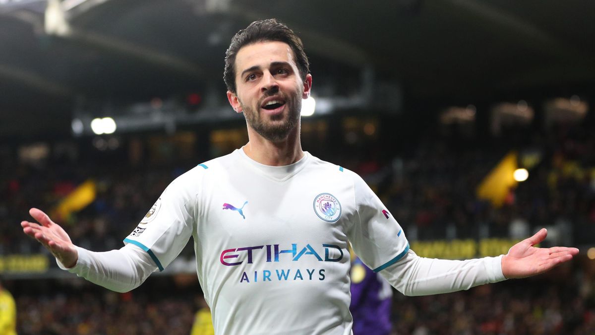 Bernardo Silva of Manchester City celebrates after scoring their side's second goal during the Premier League match between Watford and Manchester City at Vicarage Road on December 04, 2021 in Watford, England