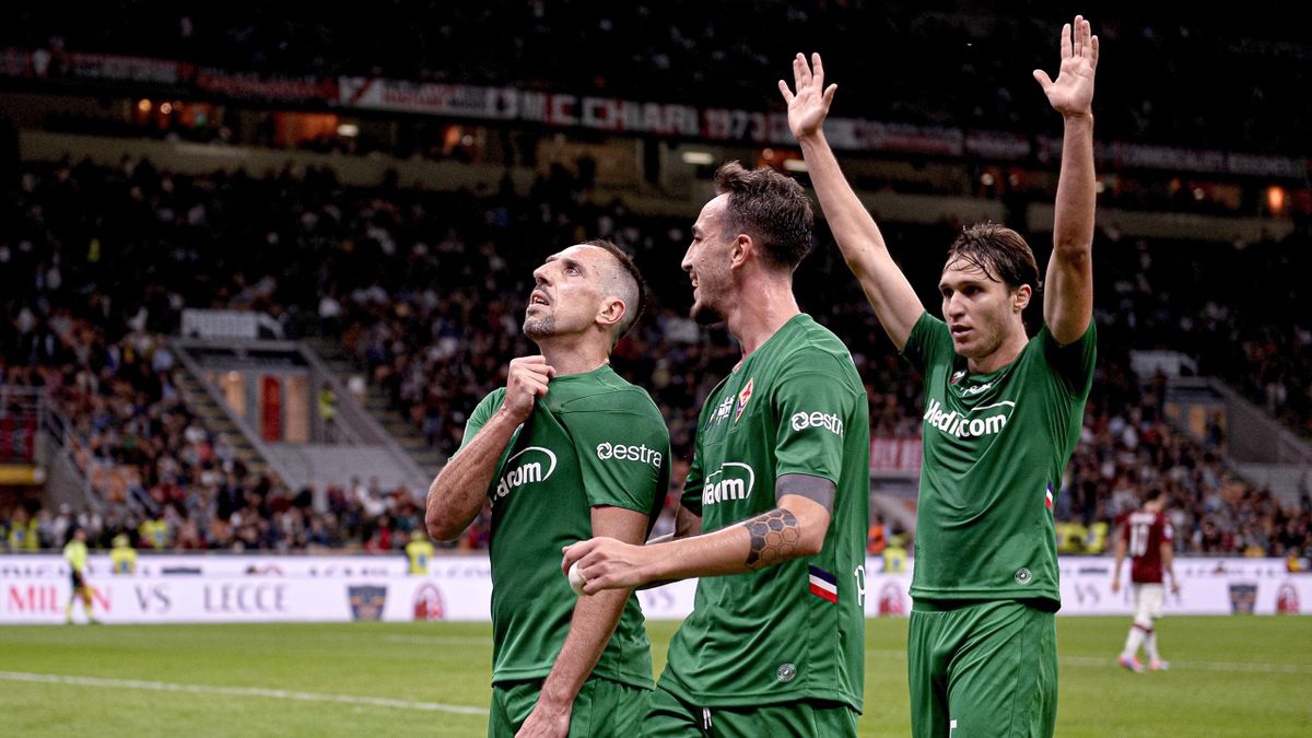 Franck Ribery esulta insieme a Castrovilli e Chiesa, Milan-Fiorentina, Getty Images