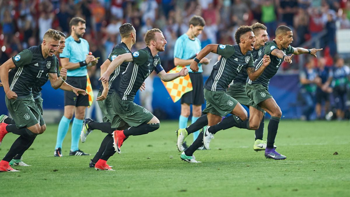 The Germany team celebrate their side winning a penalty shoot out during the UEFA European Under-21 Championship Semi Final match between England and Germany at Tychy Stadium on June 27, 2017 in Tychy, Poland.