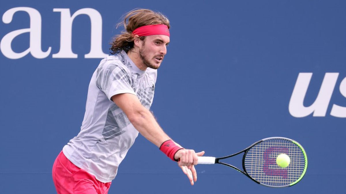 Stefanos Tsitsipas of Greece returns the ball during his Men's Singles first round match against Albert Ramos-Vinolas of Spain on Day One of the 2020 US Open at the USTA Billie Jean King National Tennis Center on August 31, 2020 in the Queens borough of N