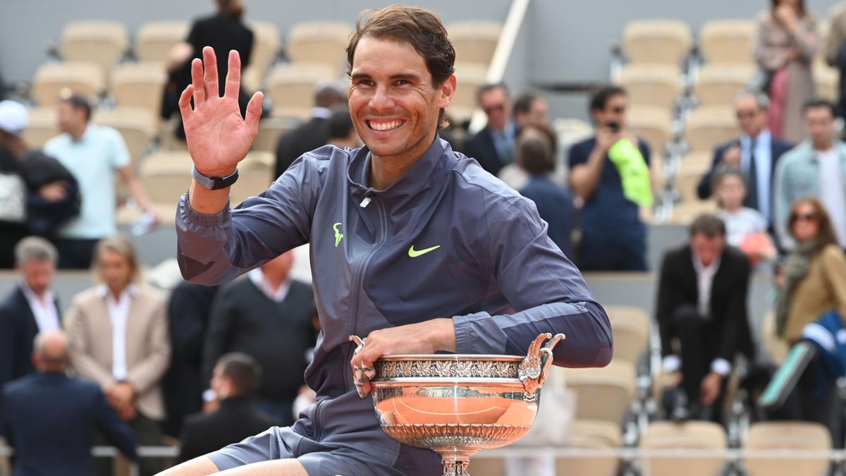 Rafael Nadal (ESP) poses with the trophy after defeating Dominic Thiem (AUT) in the men's singles championships during the French Open on June 09, 2019, at Stade Roland-Garros in Paris, France.