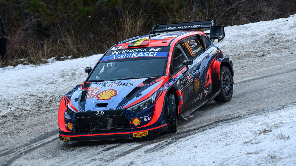 Thierry Neuville of Belgium and Martijn Wydaeghe of Belgium compete with their Hyundai Shell Mobis WRT Hyundai i20 N Rally1 during Day One of the FIA World Rally Championship Sweden on February 24