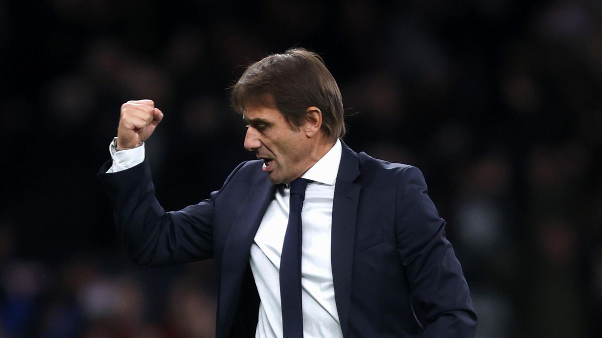 LONDON, ENGLAND - NOVEMBER 04: Antonio Conte, Manager of Tottenham Hotspur celebrates after their side's first goal, scored by Heung-Min Son (Not pictured) during the UEFA Europa Conference League group G match between Tottenham Hotspur and Vitesse at Tot