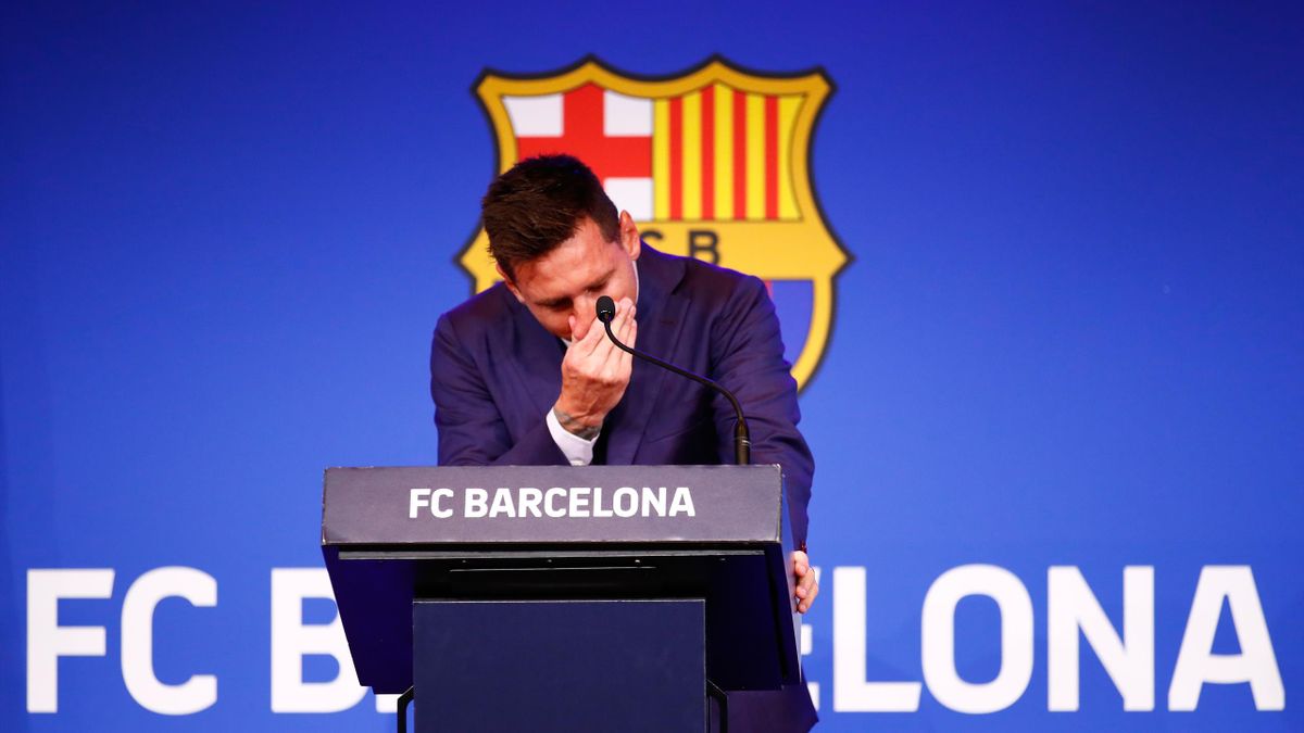Lionel Messi of FC Barcelona faces the media during a press conference at Nou Camp