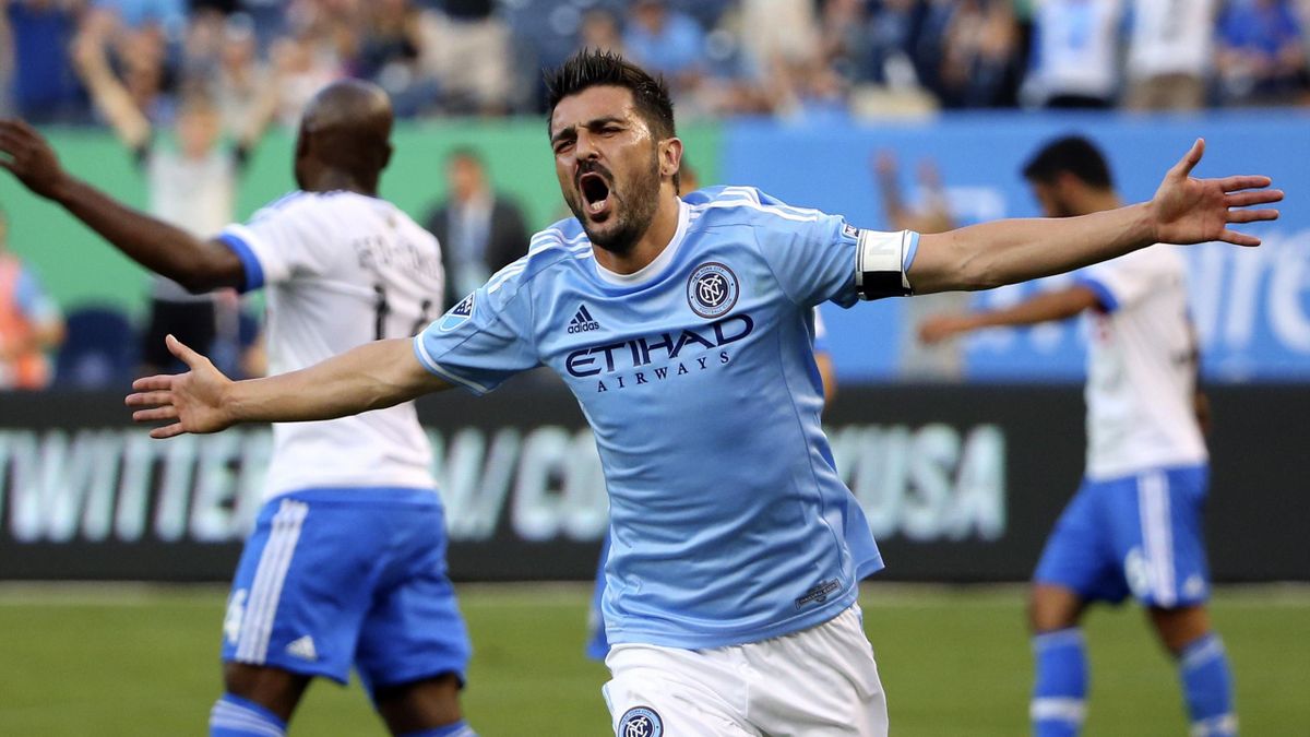 New York City FC forward David Villa (7) celebrates his goal during the first half against the Montreal Impact at Yankee Stadium
