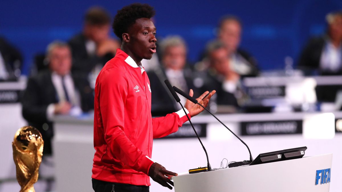 Alphonso Davies Canadian International speaks during the United 2026 presentation to become the host for the 2026 FIFA World Cup during the 68th FIFA Congress at Moscow's Expocentre on June 13, 2018 in Moscow, Russia.