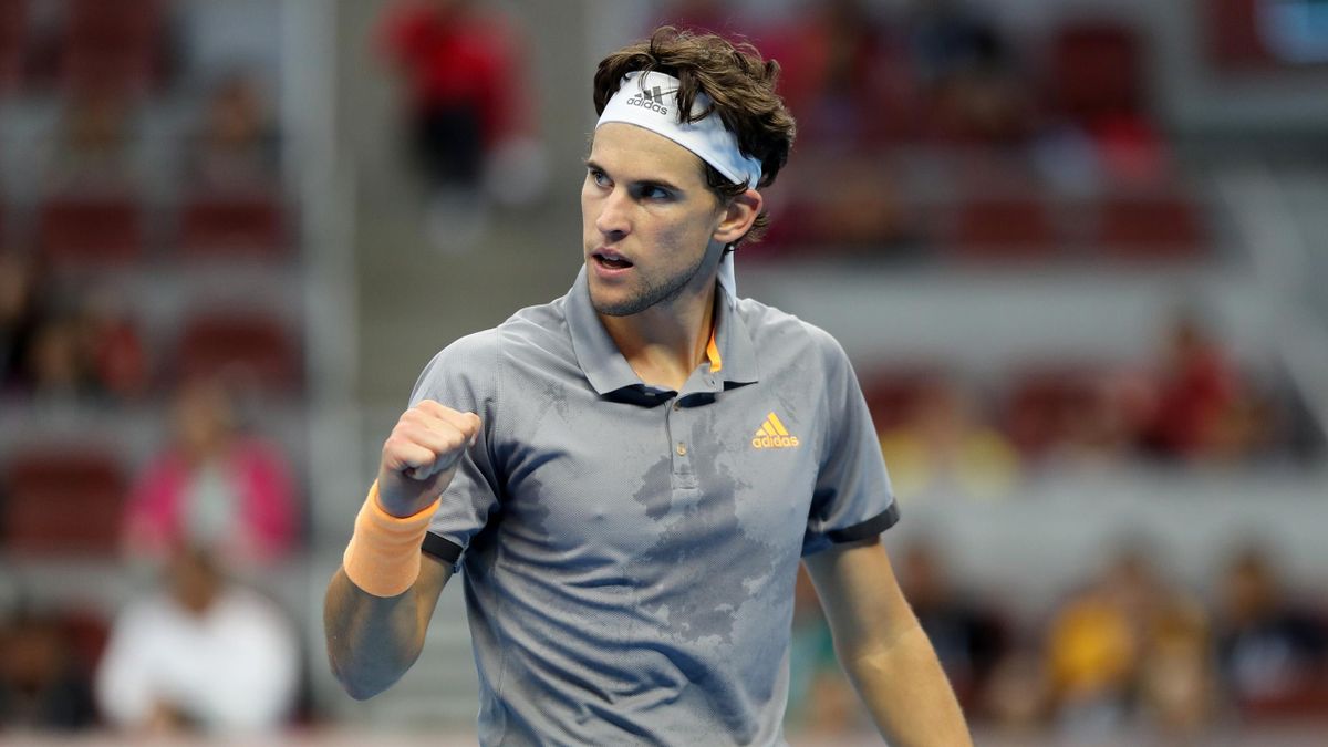 Dominic Thiem of Austria reacts during the Men's singles Quarter Finals of 2019 China Open against Andy Murray of Great Britain at the China National Tennis Center on October 04, 2019