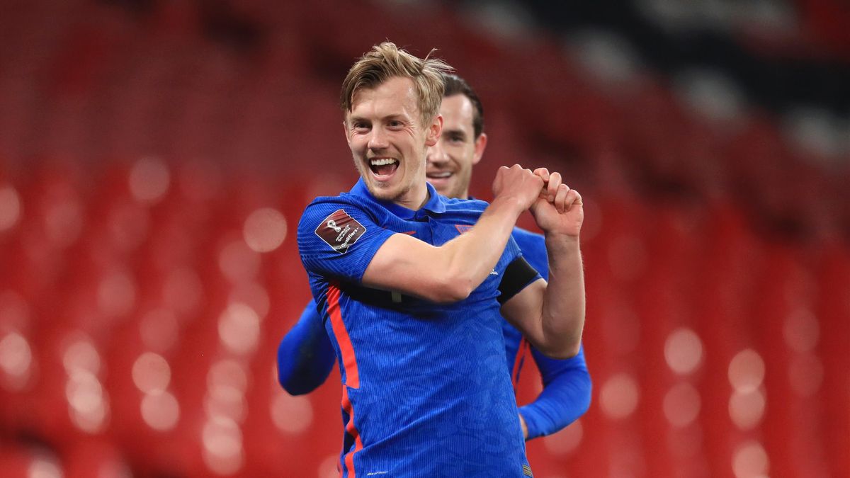 James Ward-Prowse of England celebrates after scoring their team's first goal during the FIFA World Cup 2022 Qatar qualifying match between England and San Marino at Wembley Stadium