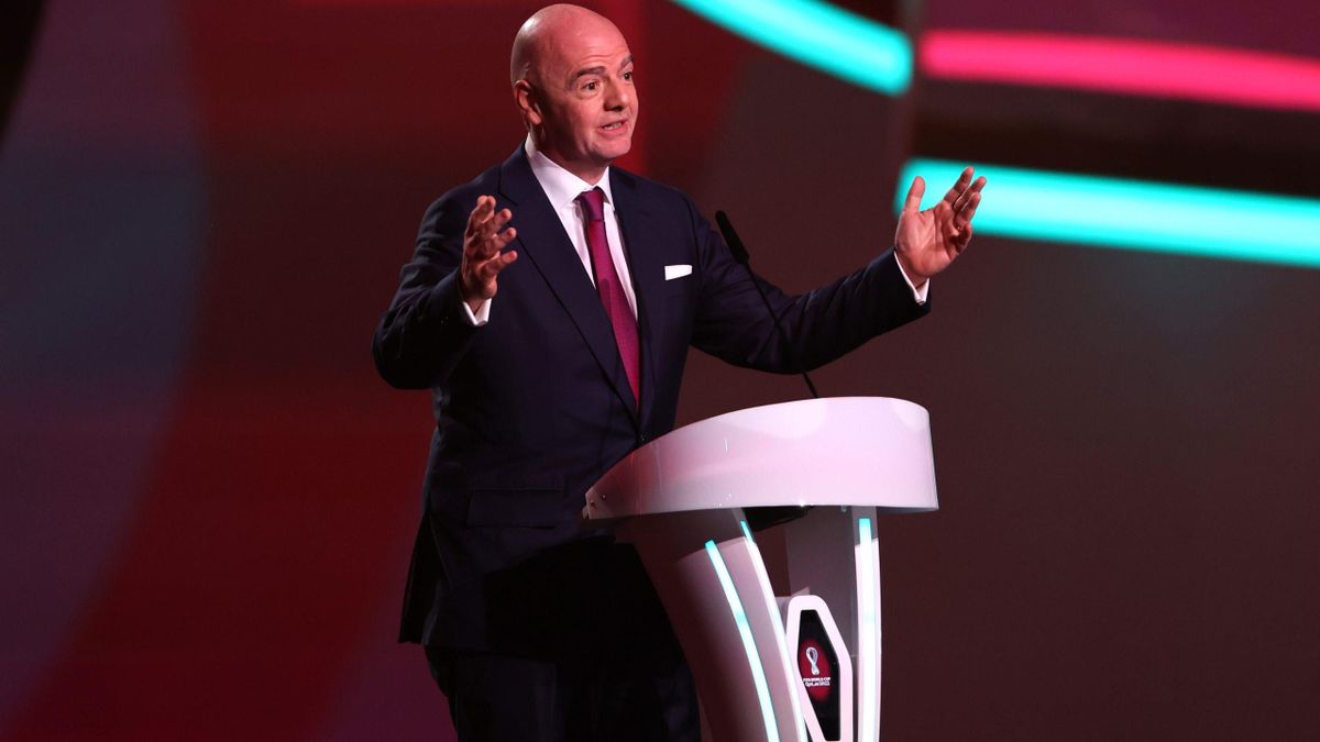 Gianni Infantino, Fifa President makes a speech during the FIFA World Cup Qatar 2022 Final Draw at the Doha Exhibition Center on April 01, 2022 in Doha, Qatar.