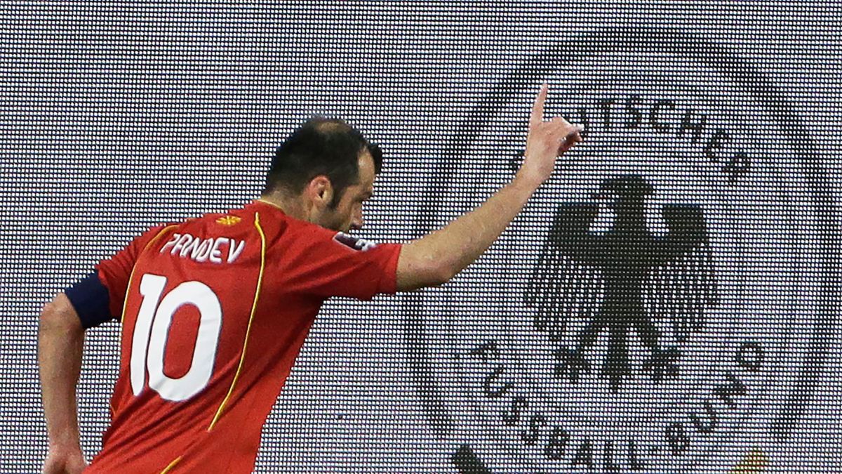 North Macedonia's forward Goran Pandev celebrates scoring the opening goal during the FIFA World Cup Qatar 2022 qualification football match Germany v North Macedonia in Duisburg, western Germany on March 31, 2021