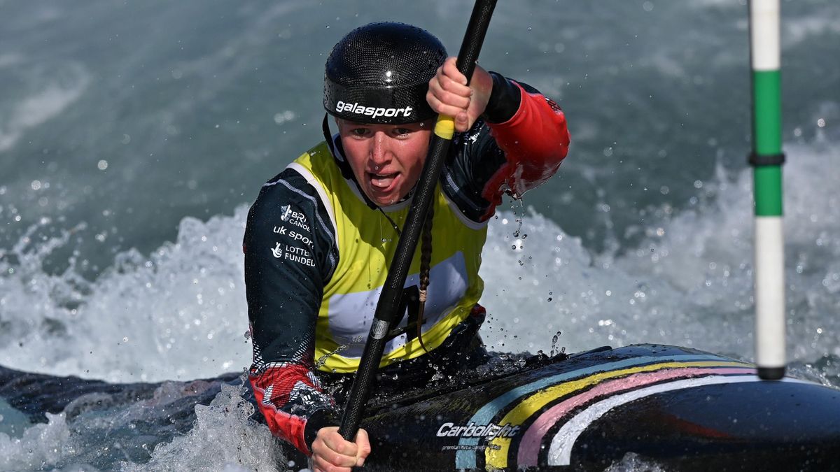 Megan Hamer-Evans of Great Britain in action during a British Canoe Slalom Media Day at Lee Valley White Water Centre on April 22, 2021