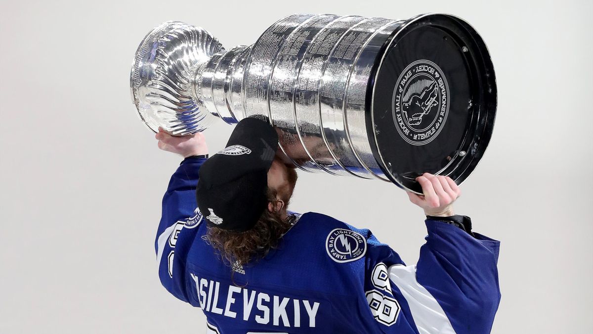 Andrei Vasilevskiy #88 of the Tampa Bay Lightning hoists the Stanley Cup after the 1-0 victory against the Montreal Canadiens in Game Five to win the 2021 NHL Stanley Cup Final at Amalie Arena on July 07, 2021 in Tampa, Florida