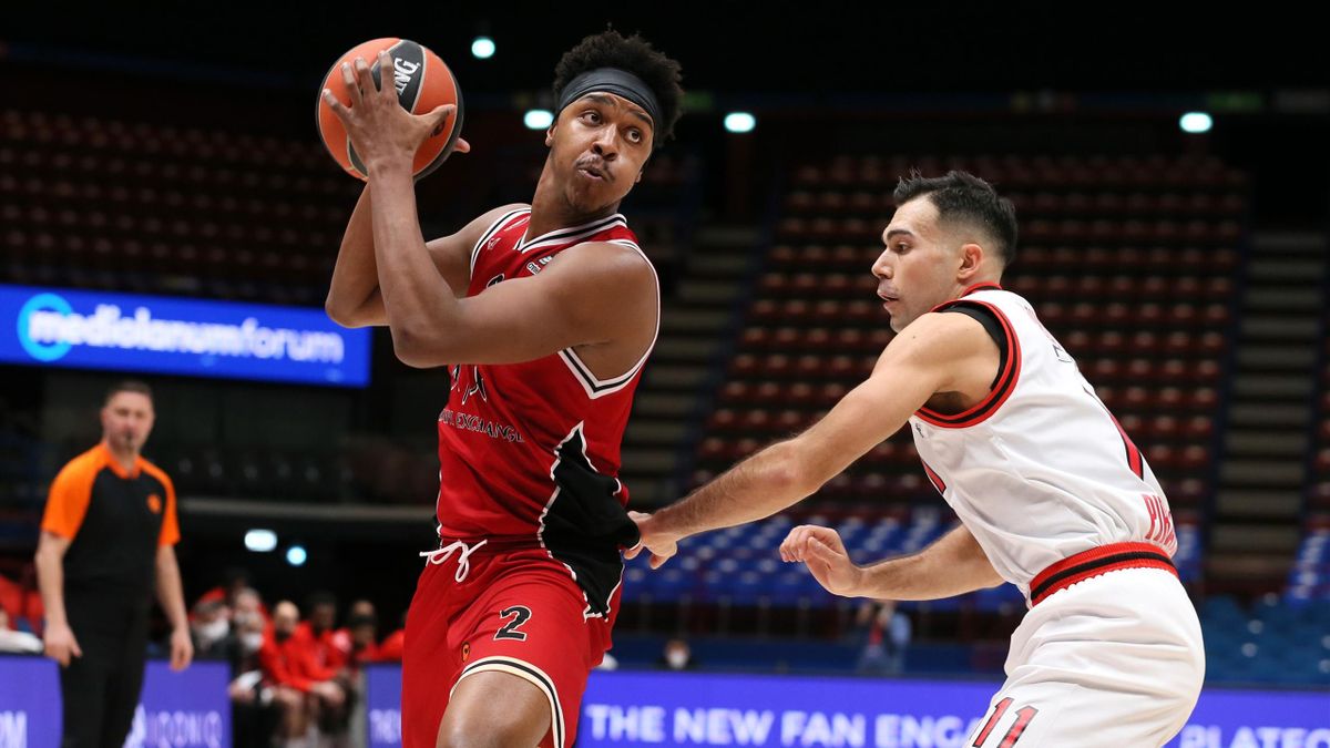 Zach Leday, #02 of AX Armani Exchange Milan in action during the 2020/2021 Turkish Airlines EuroLeague Regular Season Round 22 match between AX Armani Exchange Milan and Olympiacos Piraeus at Mediolanum Forum on January 26, 2021 in Milan, Italy
