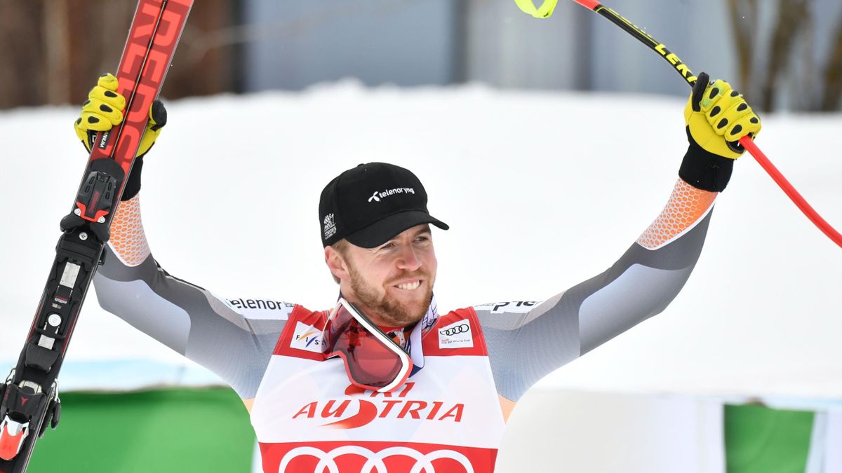Aleksander Aamodt Kilde of Norway celebrates after winning the men's Super G event of the FIS ski alpine world cup at the Zwoelferkogel in Saalbach-Hinterglemm, Austria on February 14, 2020.