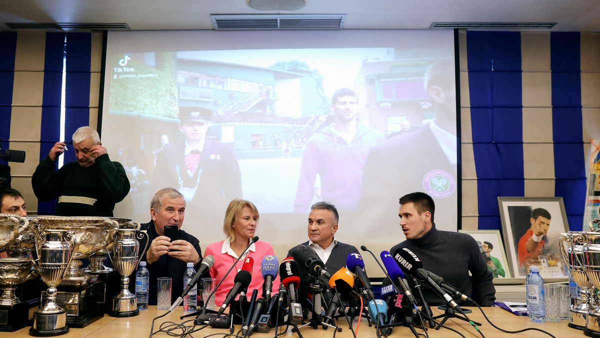 Serbian tennis player Novak Djokovic's (L-R) uncle Goran, mother Dijana, father Srdjan and brother Djordje hold a press conference in Belgrade, on January 10, 2022