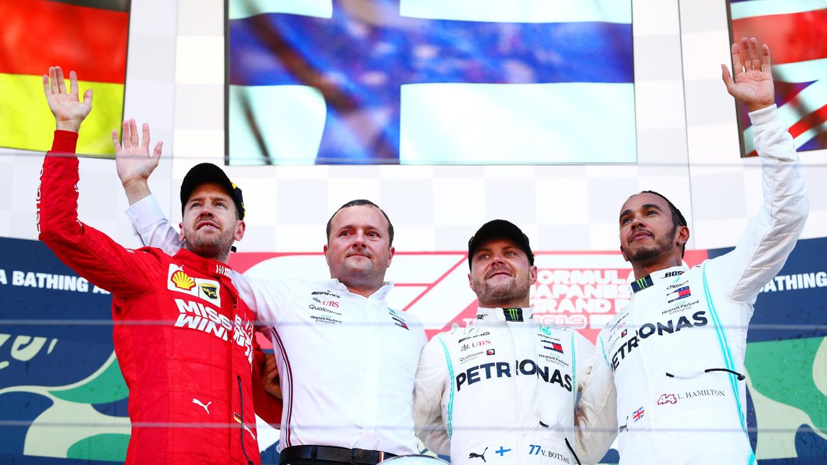 Sebastian Vettel, Valtteri Bottas e Lewis Hamilton sul podio del GP di Suzuka di F1, Getty Images