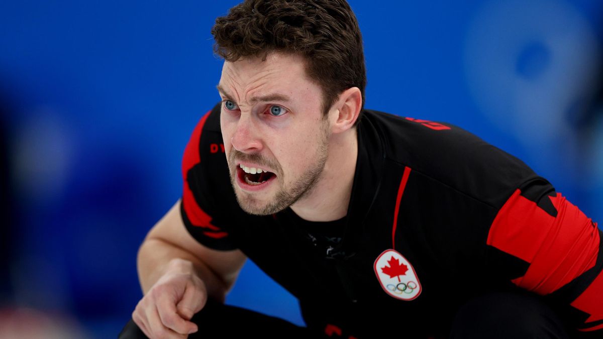 Brett Gallant of Team Canada reacts against Team Italy during the Men’s Curling Round Robin Session on Day 10 of the Beijing 2022 Winter Olympic Games at National Aquatics Centre on February 14, 2022 in Beijing, China