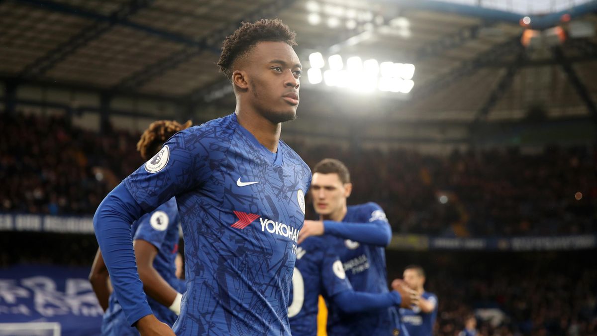 Callum Hudson-Odoi of Chelsea looks on prior to the Premier League match between Chelsea FC and Burnley FC at Stamford Bridge