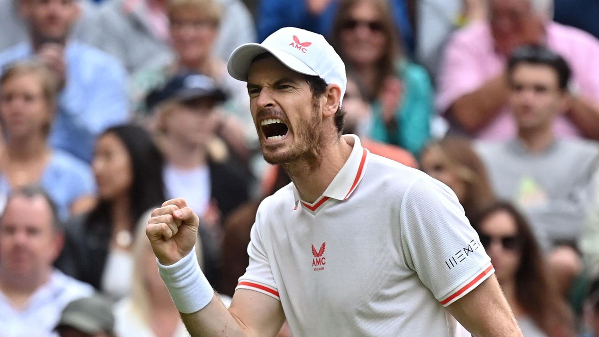Andy Murray of Great Britain celebrates in his Men's Singles Second Round match against Oscar Otte of Germany during Day Three of The Championships - Wimbledon 2021