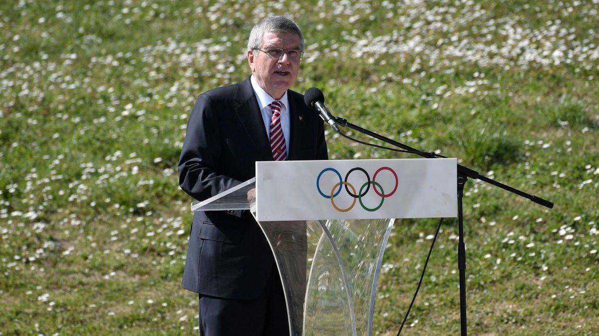 International Olympic Committee (IOC) President Thomas Bach speaks during the Olympic flame lighting ceremony on March 12, 2020 in ancient Olympia, ahead of Tokyo 2020 Olympic Games.