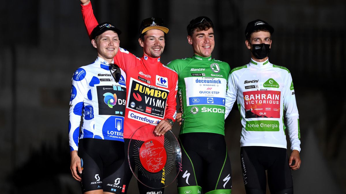 De winnaars van eindklassementen in de Vuelta van 2021 met Michael Storer (bergtrui), Primoz Roglic (rode leiderstrui), Fabio Jakobsen (groene puntentrui) en Gino Mäder (witte jongerentrui)