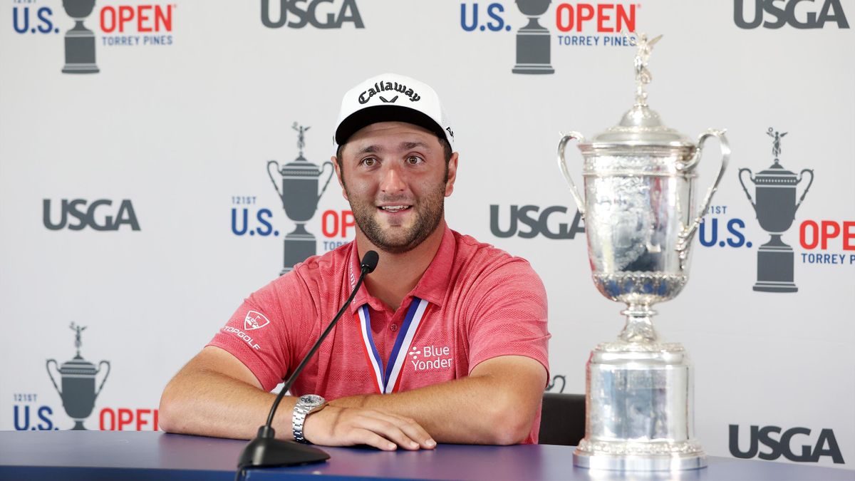 Jon Rahm speaks to the media after claiming his first major title.