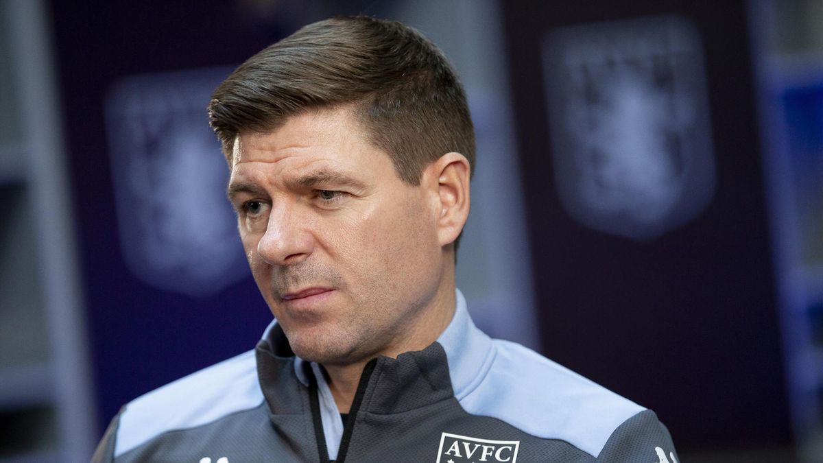BIRMINGHAM, ENGLAND - NOVEMBER 14: Steven Gerrard, head coach of Aston Villa, poses for pictures at Bodymoor Heath training ground on November 14, 2021 in Birmingham, England. (Photo by Neville Williams/Aston Villa FC via Getty Images)