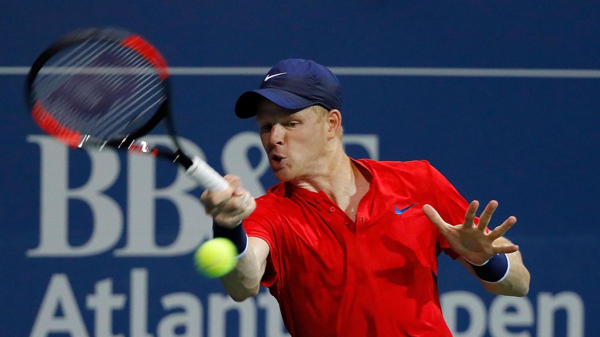 Kyle Edmund of Great Britain returns a forehand to Ryan Harrison during the BB&T Atlanta Open at Atlantic Station on July 29, 2017 in Atlanta, Georgia