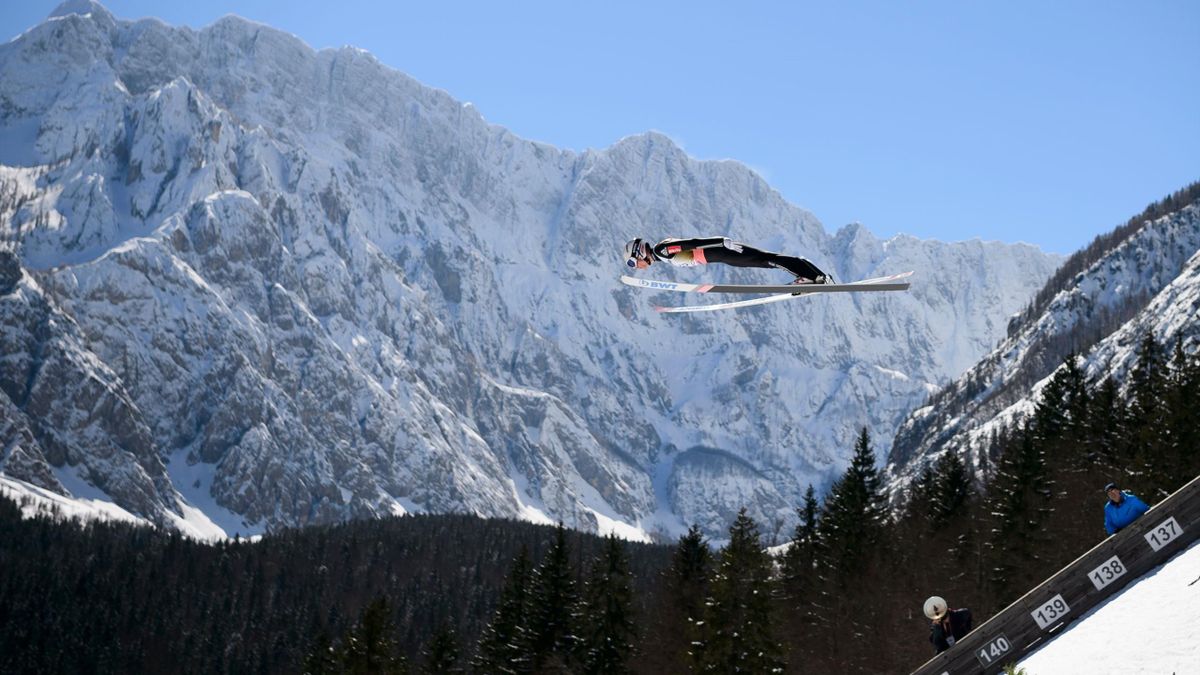 Norway's Johann Andre Forfang jumps during the men's Flying Hill Individual training round at the FIS Ski Jumping World Cup in Planica on March 22, 2018