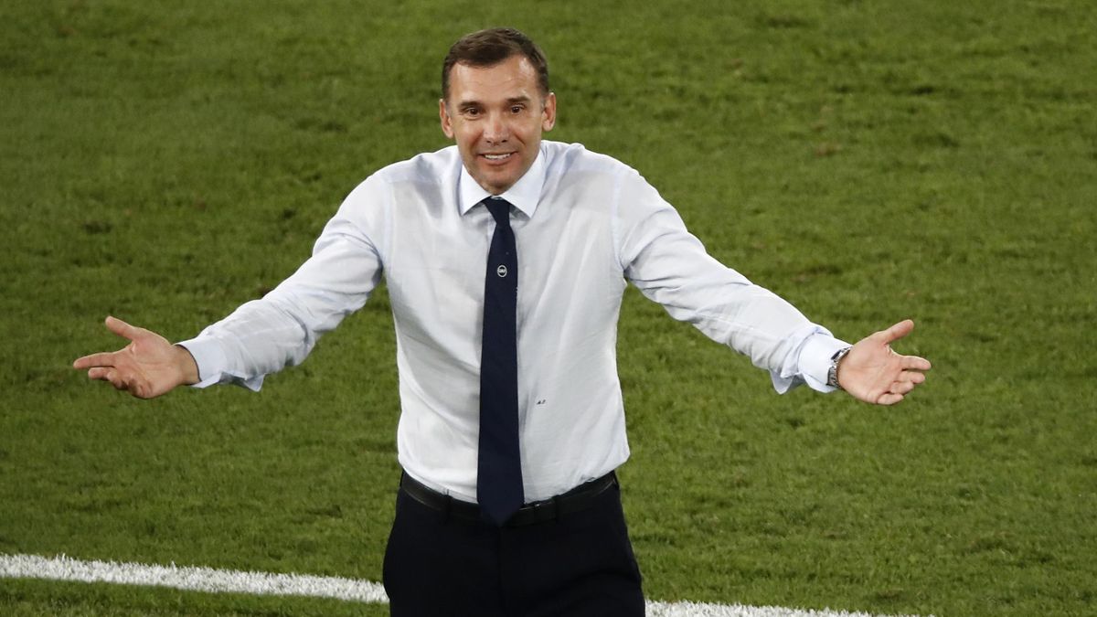 Andriy Shevchenko, Head Coach of Ukraine reacts during the UEFA Euro 2020 Championship Quarter-final match between Ukraine and England
