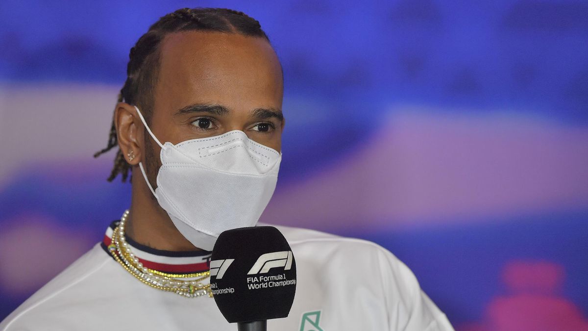 NORTHAMPTON, ENGLAND - JUNE 30: Lewis Hamilton of Great Britain and Mercedes attends the press conference during previews ahead of the F1 Grand Prix of Great Britain at Silverstone on June 30, 2022 in Northampton, United Kingdom. (Photo by Vince Mignott/M