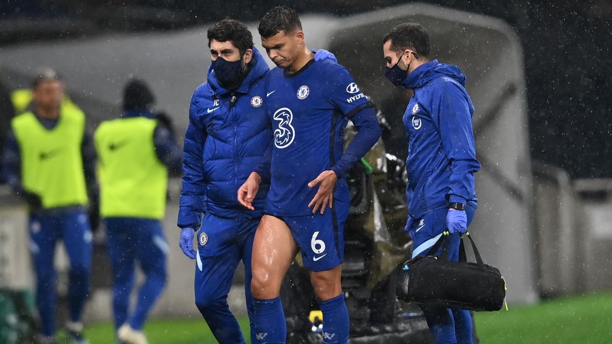Thiago Silva of Chelsea limps off injured, Tottenham Hotspur v Chelsea, Premier League, Tottenham Hotspur Stadium, London, February 04, 2021 in London