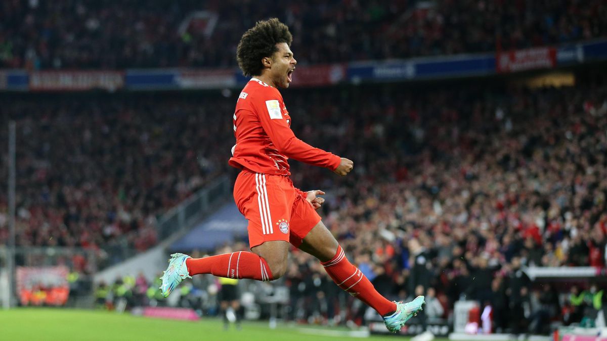 Serge Gnabry of Bayern Muenchen celebrates as he scores the goal 2:0 during the Bundesliga match between FC Bayern München and SV Werder Bremen at Allianz Arena on November 08, 2022 in Munich, Germany.